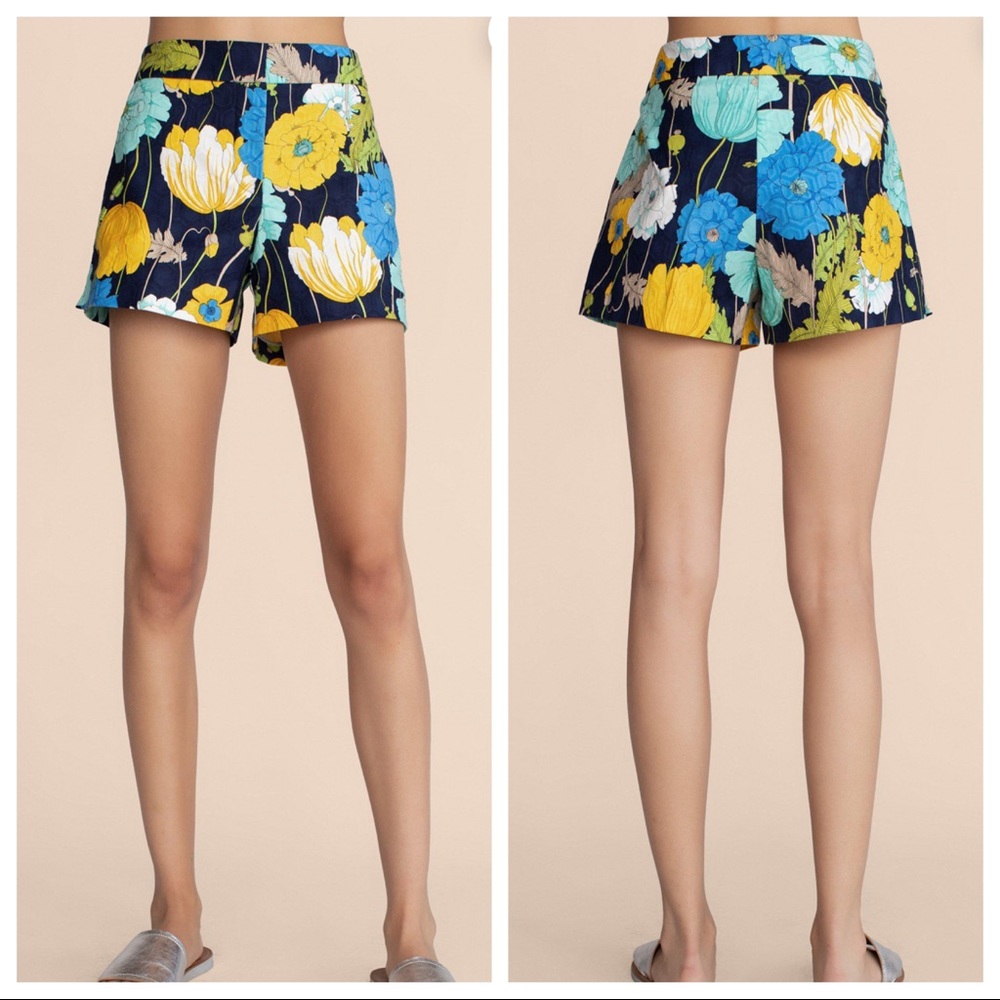 Trina Turk Navy Floral Print High-Rise Shorts - Yellow, Blue, Cream